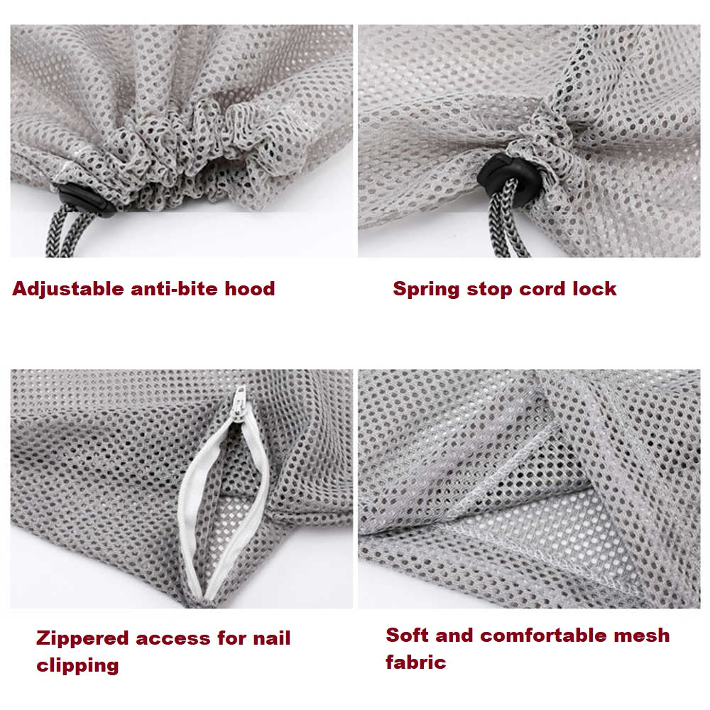 BELLA Cat Bath Bag - Picture of features of the Bella Cat Bath and Grooming bag  including: adjustable anti-bite hood, spring stop cord lock, zippered access for nail clipping, soft and comfortable mesh fabric