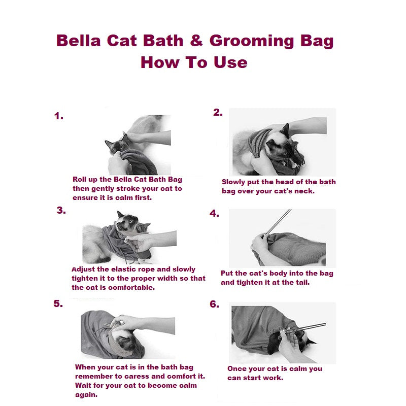 BELLA Cat Bath Bag - Picture demonstrating how to use the BELLA cat bath bag 