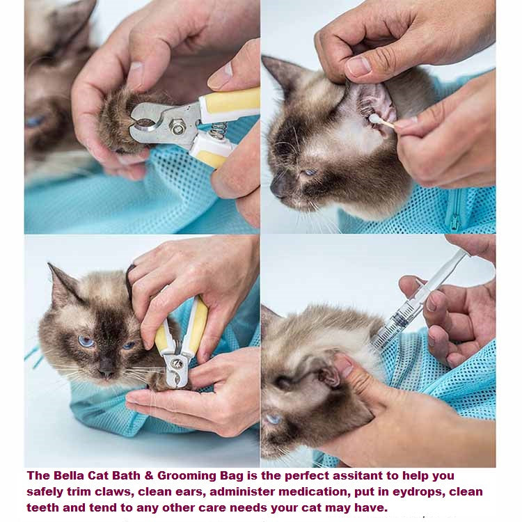BELLA Cat Bath Bag - Picture demonstrating uses of BELLA cat bath bag including trimming cat nails, cleaning cat ears and giving can an injection