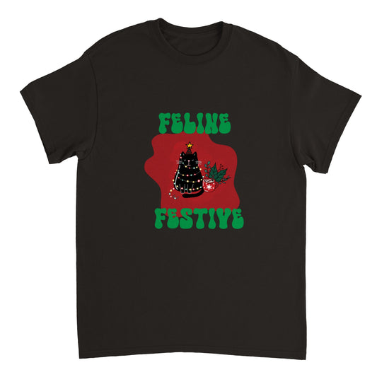 Christmas T-shirt Feline Festive Heavyweight Unisex Crewneck T-shirt
