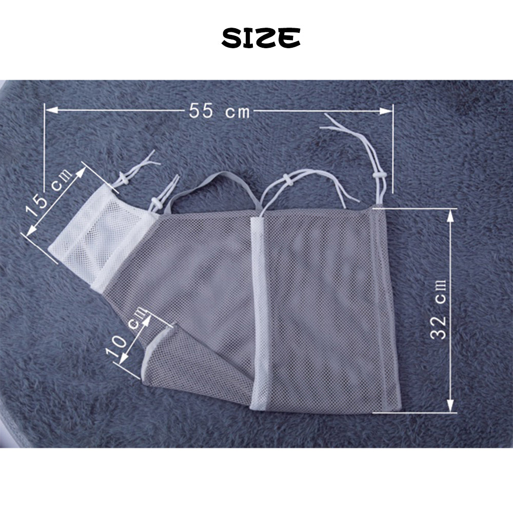 BELLA Cat Bath Bag - Picture that demonstrates the approximate size of the Bella Cat Bath and Grooming Bag. Head to tail 55cm, height 32cm, opening for neck 15cm and opening for paws 10cm